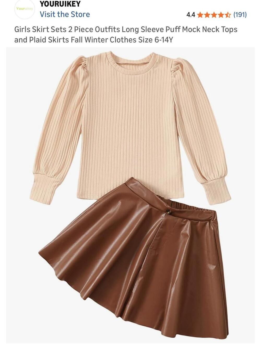 Youruikey Girls 2 Piece Outfit Set Long Sleeve Puff Sleeve Top Brown Plaid Skirt